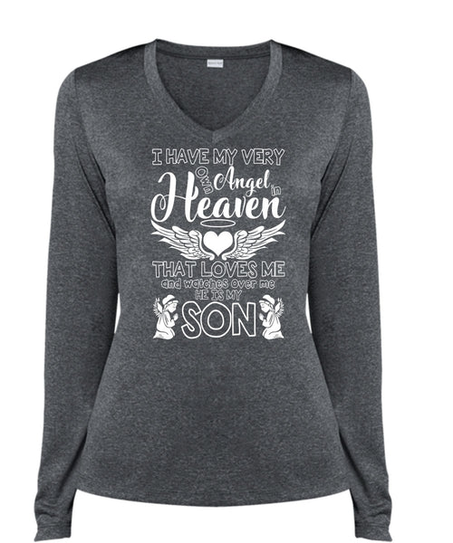 He Is My Son T Shirt, Angel In Heaven T Shirt, Cool Shirt (Ladies LS Heather V-Neck)