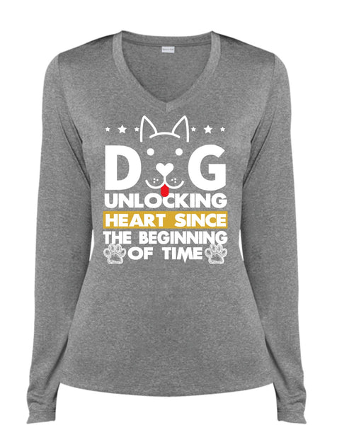 Dog Unlocking Heart T Shirt, My Favorite T Shirt, Cool Shirt (Ladies LS Heather V-Neck)