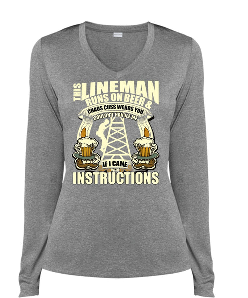 This Lineman Runs On Beer T Shirt, I Came With Instructions T Shirt, Cool Shirt (Ladies LS Heather V-Neck)