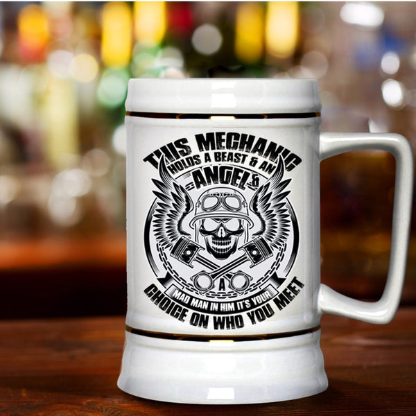 Cool Mechanics Beer Stein 22oz, This Mechanic Holds A Beast And An Angel Beer Mug