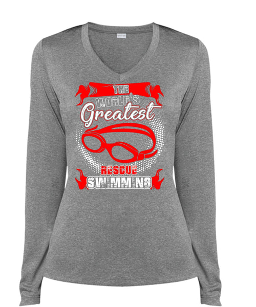 The World's Greatest Rescue Swimming T Shirt, Being A Swimmer T Shirt, Cool Shirt (Ladies LS Heather V-Neck)