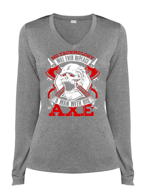 Replace A Man With His AXE T Shirt, Being A Firefighter T Shirt, Cool Shirt (Ladies LS Heather V-Neck)