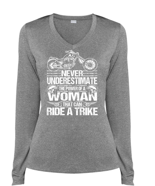 Ride A Trike T Shirt, The Power Of A Woman T Shirt, Cool Shirt (Ladies LS Heather V-Neck)