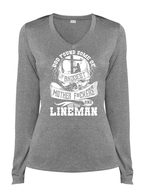 Made Them Lineman T Shirt, The Baddest Mother T Shirt, Cool Shirt (Ladies LS Heather V-Neck)