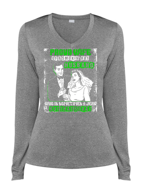 Proud Wife T Shirt, Smoking Hot Husband T Shirt, Cool Shirt (Ladies LS Heather V-Neck)