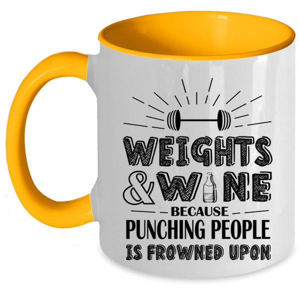 Funny Gift For Wine Drinker Coffee Mug, Weights And Wine Accent Mug