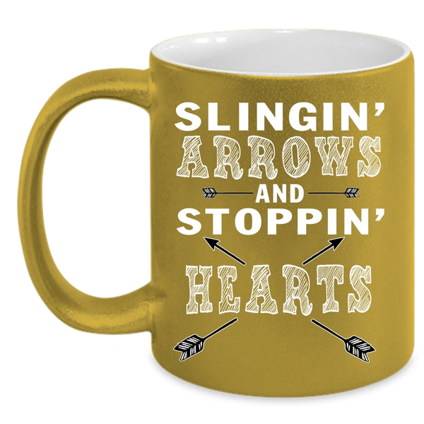 Slinging Arrows Coffee Mug, Stopping Hearts Coffee Cup