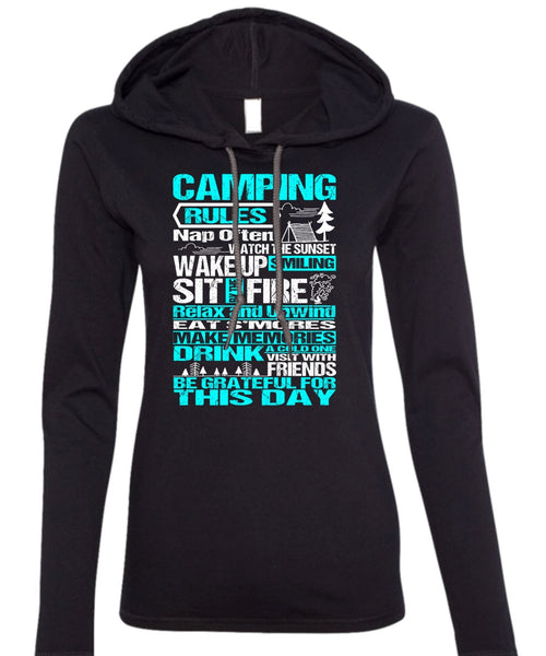 Camping Rules Nap Often T Shirt, Wake Up Smiling T Shirt (Anvil Ladies Ringspun Hooded)