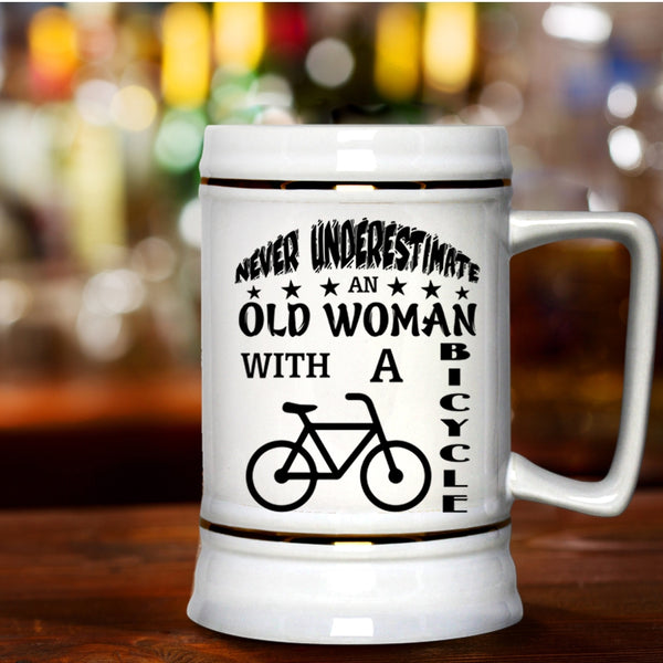 Awesome Grandmother Beer Stein 22oz, An Old Woman With A Bicycle Beer Mug