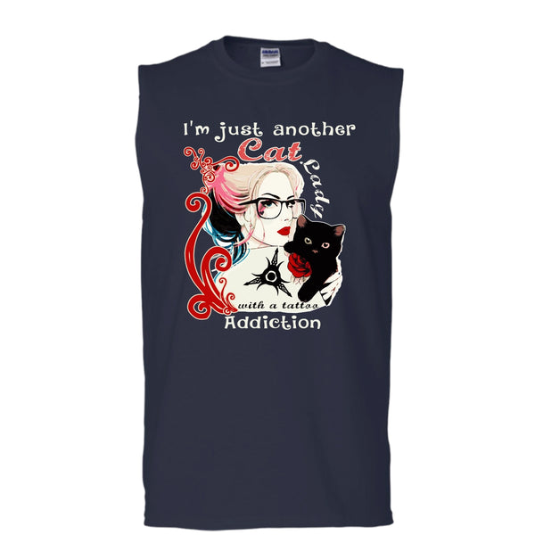 I'm Just Another Cat Lady T Shirt, Cat Lady With A Tattoo Addiction Tank Top (Men's Cotton Sleeveless)
