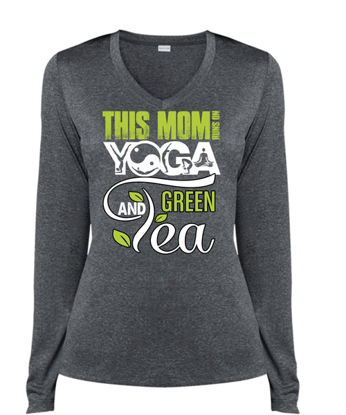 This Mom Runs On Yoga T Shirt, Green Tea T Shirt, Cool Shirt (Ladies LS Heather V-Neck)