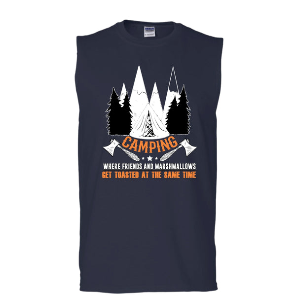 Camping T Shirt, Where Friends And Marshmalows Tank Top (Men's Cotton Sleeveless)