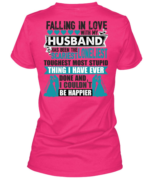 Falling In Love With My Husband T Shirt, I Couldn't Be Happier T Shirt, Cool Shirt (Ladies LS Heather V-Neck)