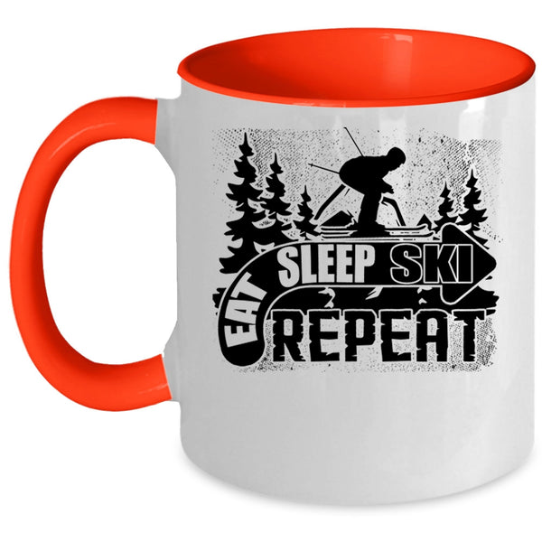 Outdoor Activity Coffee Mug, Eat Sleep Ski Repeat Accent Mug