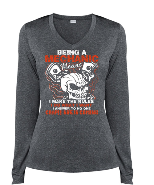 Being A Mechanic Means T Shirt, She Is Coming T Shirt, Cool Shirt (Ladies LS Heather V-Neck)