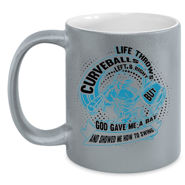 Funny Baseball Player Coffee Mug, Life Throws Curveballs Left And Right Accent Mug