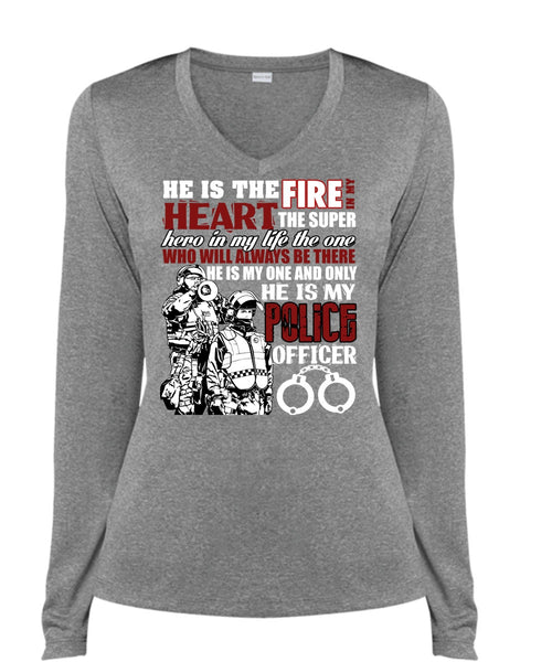 He Is My Police Officer T Shirt, The Fire In My Heart T Shirt, Cool Shirt (Ladies LS Heather V-Neck)