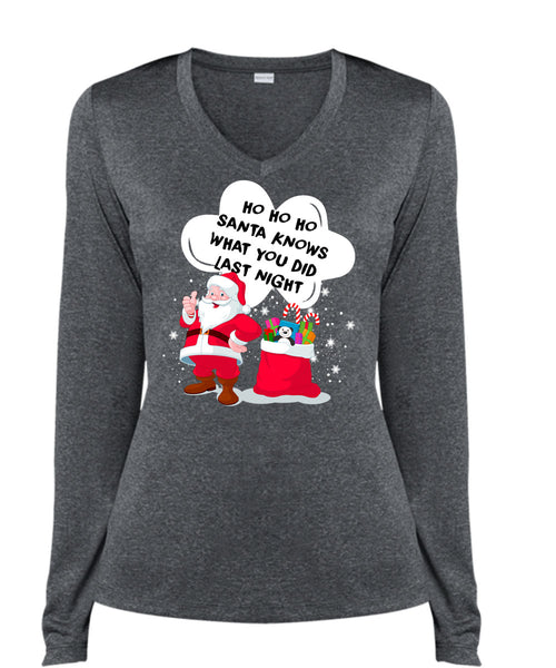 Santa Knows What You Did Last Night T Shirt, I Love Christmas T Shirt, Cool Shirt (Ladies LS Heather V-Neck)