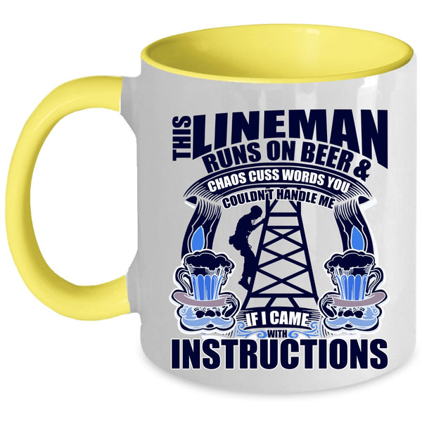 Awesome Linemans Coffee Mug, This Lineman Runs On Beer Accent Mug