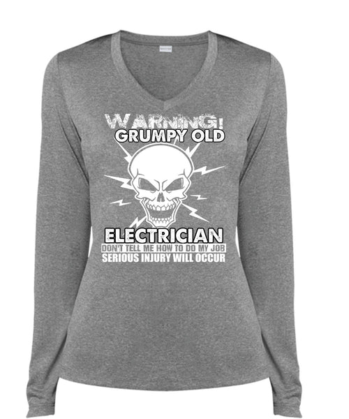 Grumpy Old Electrician T Shirt, Being An Electrician T Shirt, Cool Shirt (Ladies LS Heather V-Neck)