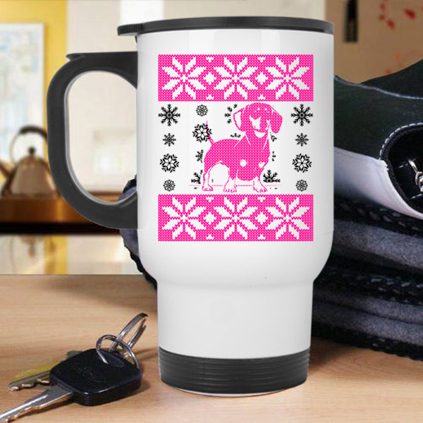 Ugly Christmas Travel Mug, Cute Dachshund Mug
