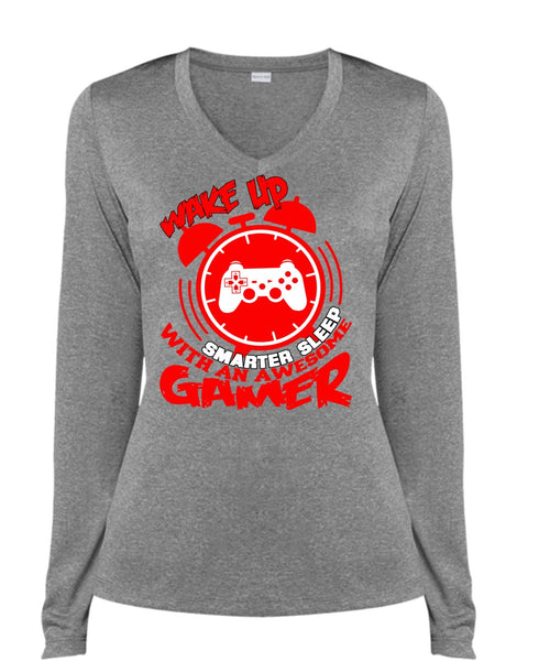 Awesome Gamer T Shirt, Wakeup Smarter Sleep T Shirt, Cool Shirt (Ladies LS Heather V-Neck)