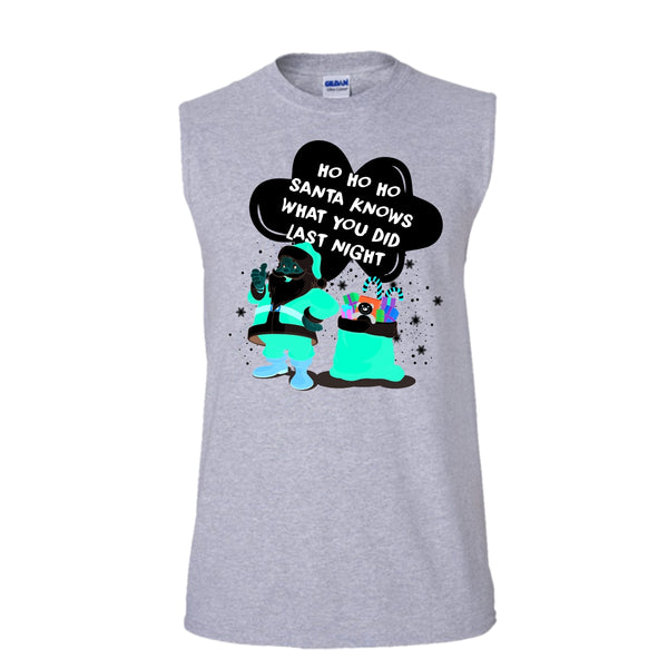 Santa Knows What You Did Last Night T Shirt, Merry Christmas T Shirt, Awesome t-shirts (Men's Cotton Sleeveless)