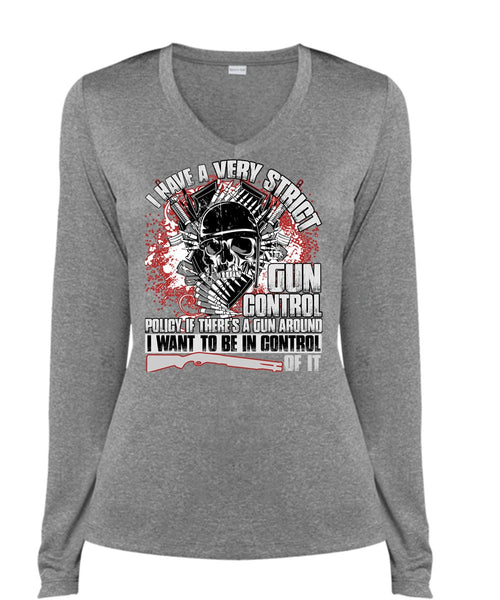 I Have A Very Strict Gun Control T Shirt, Being A Veteran T Shirt, Cool Shirt (Ladies LS Heather V-Neck)