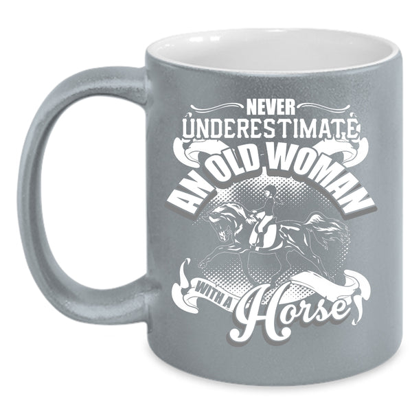 An Old Woman With A Horse Coffee Mug, Cool Old Equestrian Coffee Cup