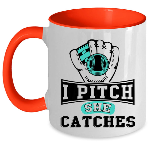 Awesome Softball Player Coffee Mug, I Pitch She Catches Accent Mug