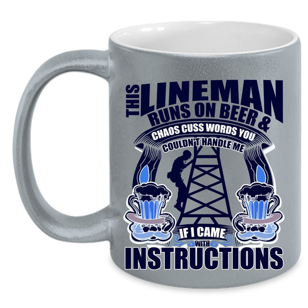 Awesome Linemans Coffee Mug, This Lineman Runs On Beer Accent Mug