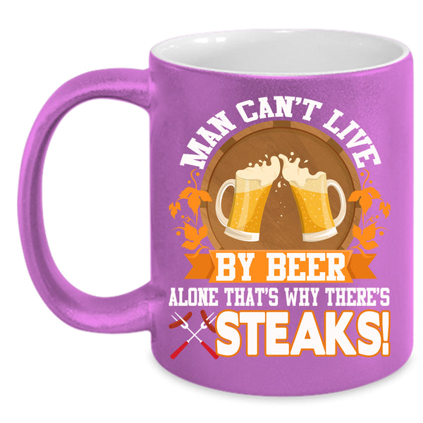 Man Can't Live By Beer Alone Coffee Mug, Funny Beer Drinker Coffee Cup