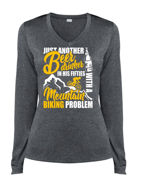 Mountain Biking Problem T Shirt, Beer Drinker T Shirt, Cool Shirt (Ladies LS Heather V-Neck)