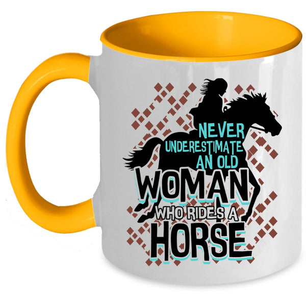 Cute Old Equestrian Coffee Mug, An Old Woman Rides A Horse Accent Mug