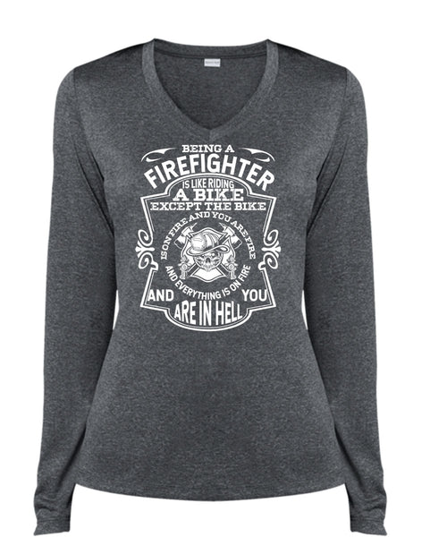 Being A Firefighter T Shirt, Like Riding A Bike T Shirt, Cool Shirt (Ladies LS Heather V-Neck)