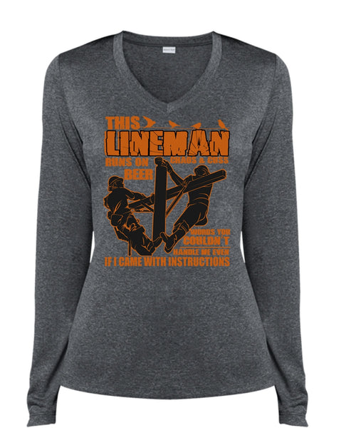 This Lineman Runs On Beer T Shirt, I Love Lineman T Shirt, Cool Shirt (Ladies LS Heather V-Neck)