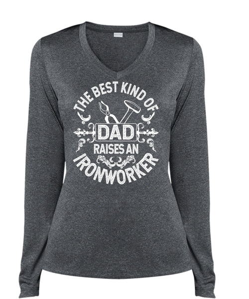 The Best Kind Of Dad T Shirt, Raises An Ironworker T Shirt, Cool Shirt (Ladies LS Heather V-Neck)