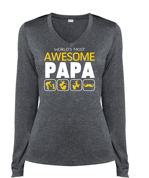 World's Most Awesome Papa T Shirt, Being A Papa T Shirt, Father's Day T Shirt (Ladies LS Heather V-Neck)