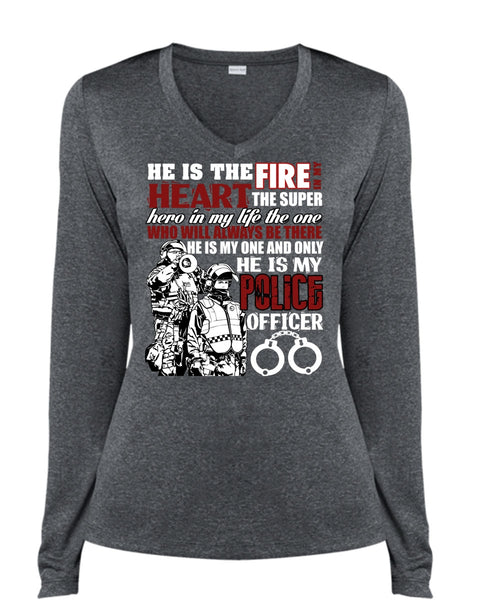 He Is My Police Officer T Shirt, The Fire In My Heart T Shirt, Cool Shirt (Ladies LS Heather V-Neck)