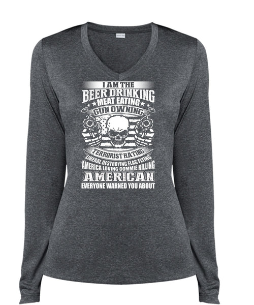 Meat Eating Gun Owning T Shirt, American T Shirt, Cool Shirt (Ladies LS Heather V-Neck)