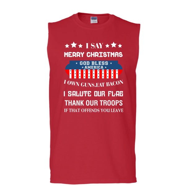 I Say Merry Christmas T Shirt, God Bless America T Shirt, Cool T Shirt (Men's Cotton Sleeveless)