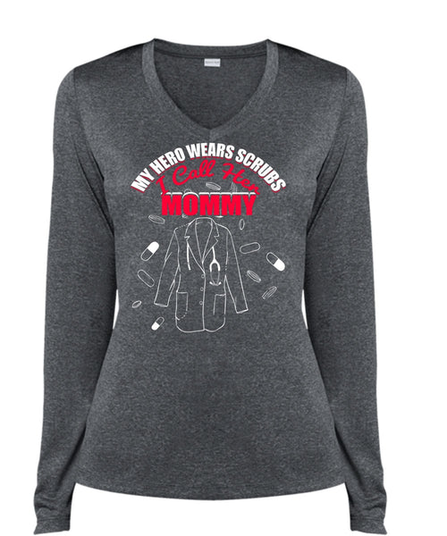I Call Her Mommy T Shirt, Wears Scrubs T Shirt, Cool Shirt (Ladies LS Heather V-Neck)