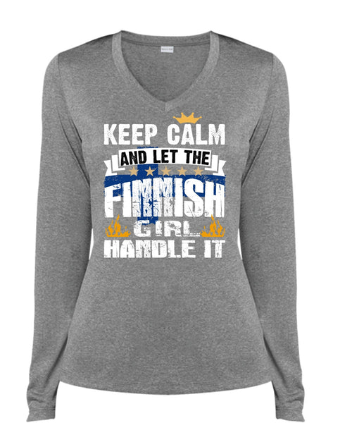 Let The Finnish Girl Handle It T Shirt, Being A Girlfriend T Shirt, Cool Shirt (Ladies LS Heather V-Neck)