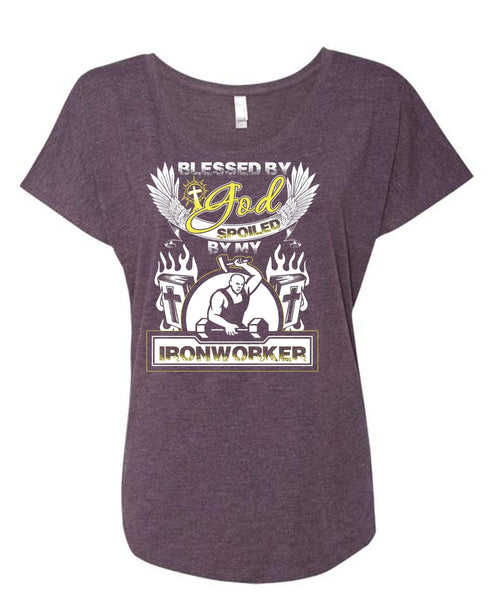 God Spoiled By My Ironworker T Shirt, Being An Ironworker T Shirt, Cool Shirt (Ladies' Triblend Dolman Sleeve)