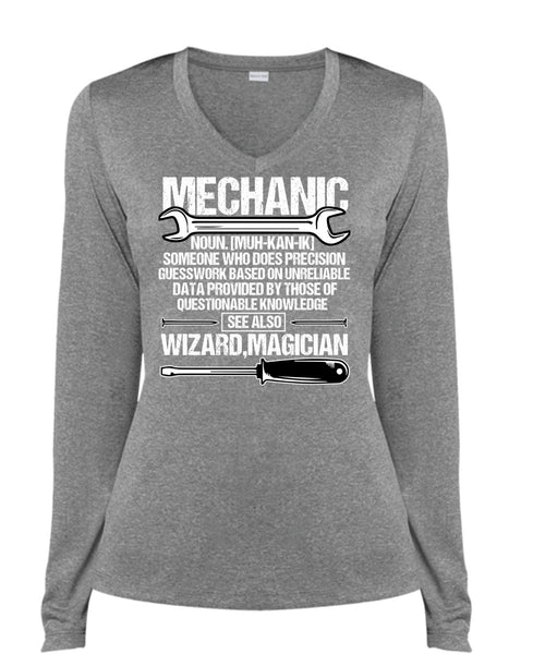 Does Precision Guesswork T Shirt, Being A Mechanic T Shirt, Cool Shirt (Ladies LS Heather V-Neck)