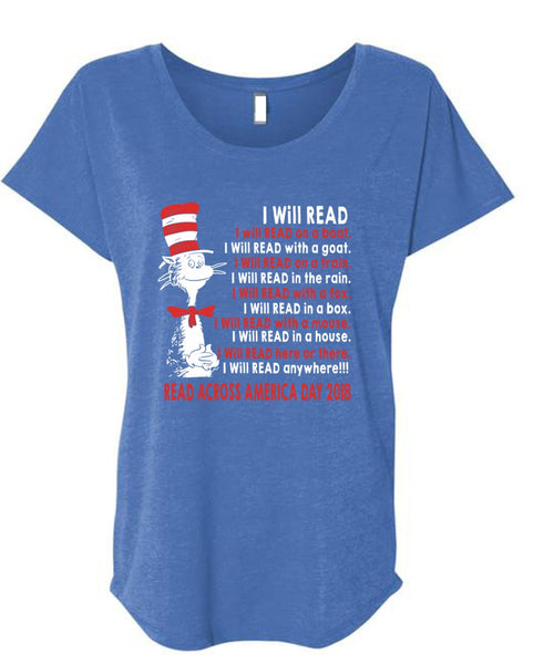 The Cat in the Hat T Shirt, I Will Read With A Mouse T Shirt, I Will Read In A House T Shirt, Cool Shirt (Ladies' Triblend Dolman Sleeve)