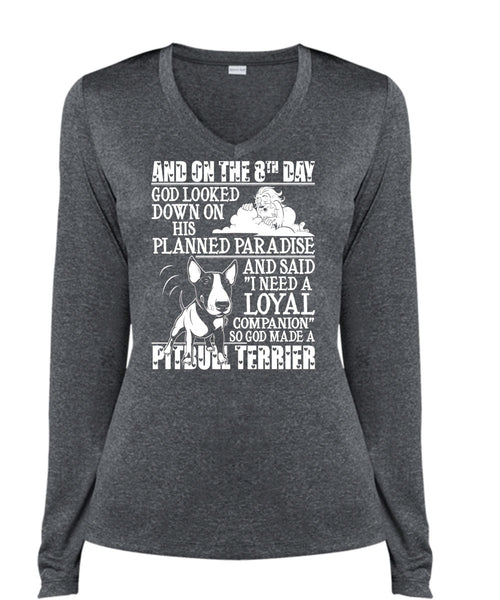 God Made A Pit Bull Terrier T Shirt, Planned Paradise T Shirt, Cool Shirt (Ladies LS Heather V-Neck)