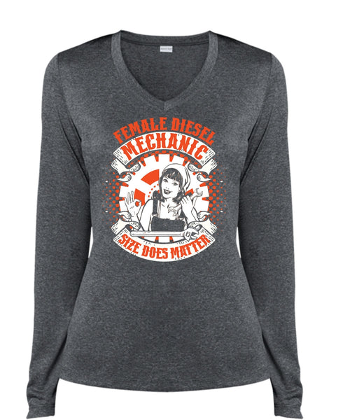 Female Diesel Mechanic T Shirt, Being A Mechanic T Shirt, Cool Shirt (Ladies LS Heather V-Neck)