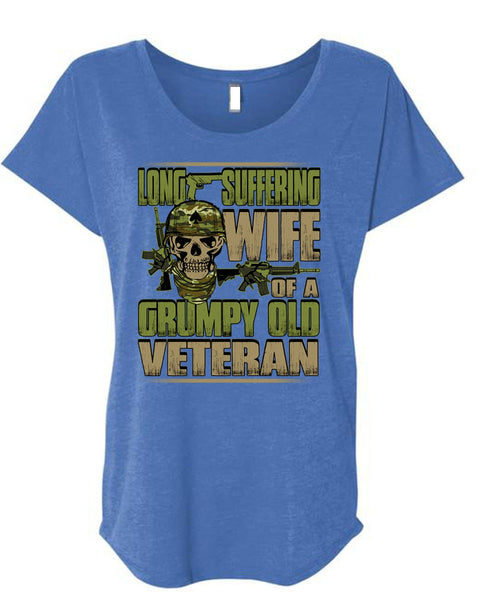 Long Suffering Wife T Shirt, Grumpy Old Veteran T Shirt, Cool Shirt (Ladies' Triblend Dolman Sleeve)