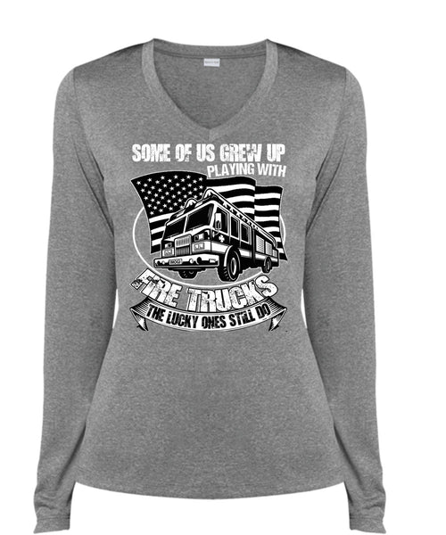 Playing With Fire Trucks T Shirt, I Love Firefighter T Shirt, Cool Shirt (Ladies LS Heather V-Neck)